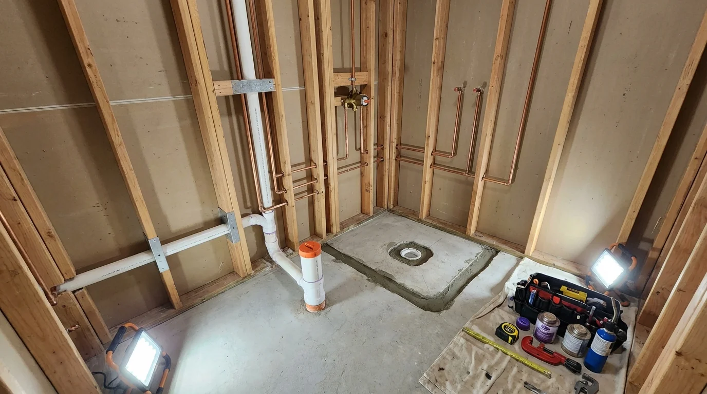 Bathroom rough-in plumbing during remodel by Johns Plumbing LLC in Moyock