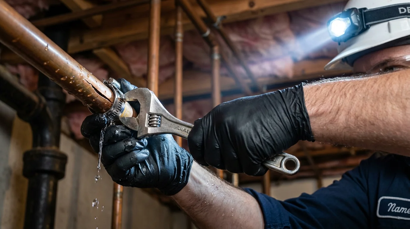 Emergency pipe clamp repair being performed by a Johns Plumbing LLC plumber in Moyock