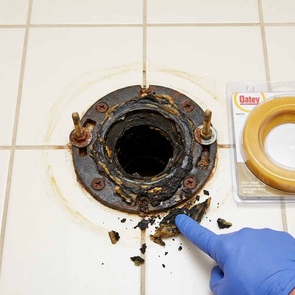 Failed wax ring showing water seepage at the base of a toilet in a Moyock, NC home