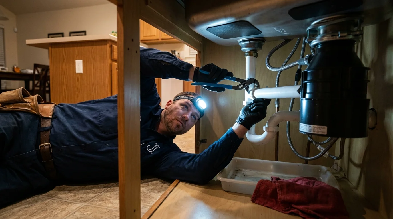 P-trap and supply line connections under a kitchen sink showing a common leak point in Moyock, NC
